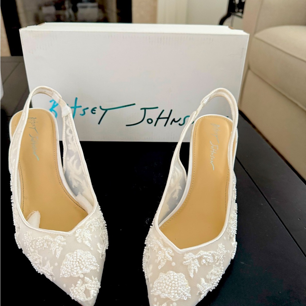 Betsy Johnson Nikki Ivory breaded sling-back heels.